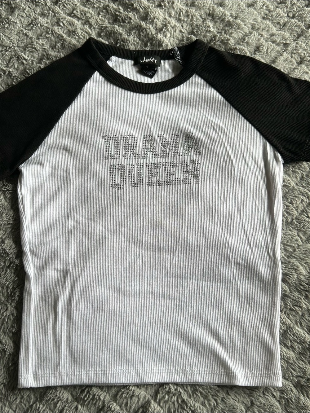 Justify 'Drama Queen' Rhinestone Baseball Tee - Black & White